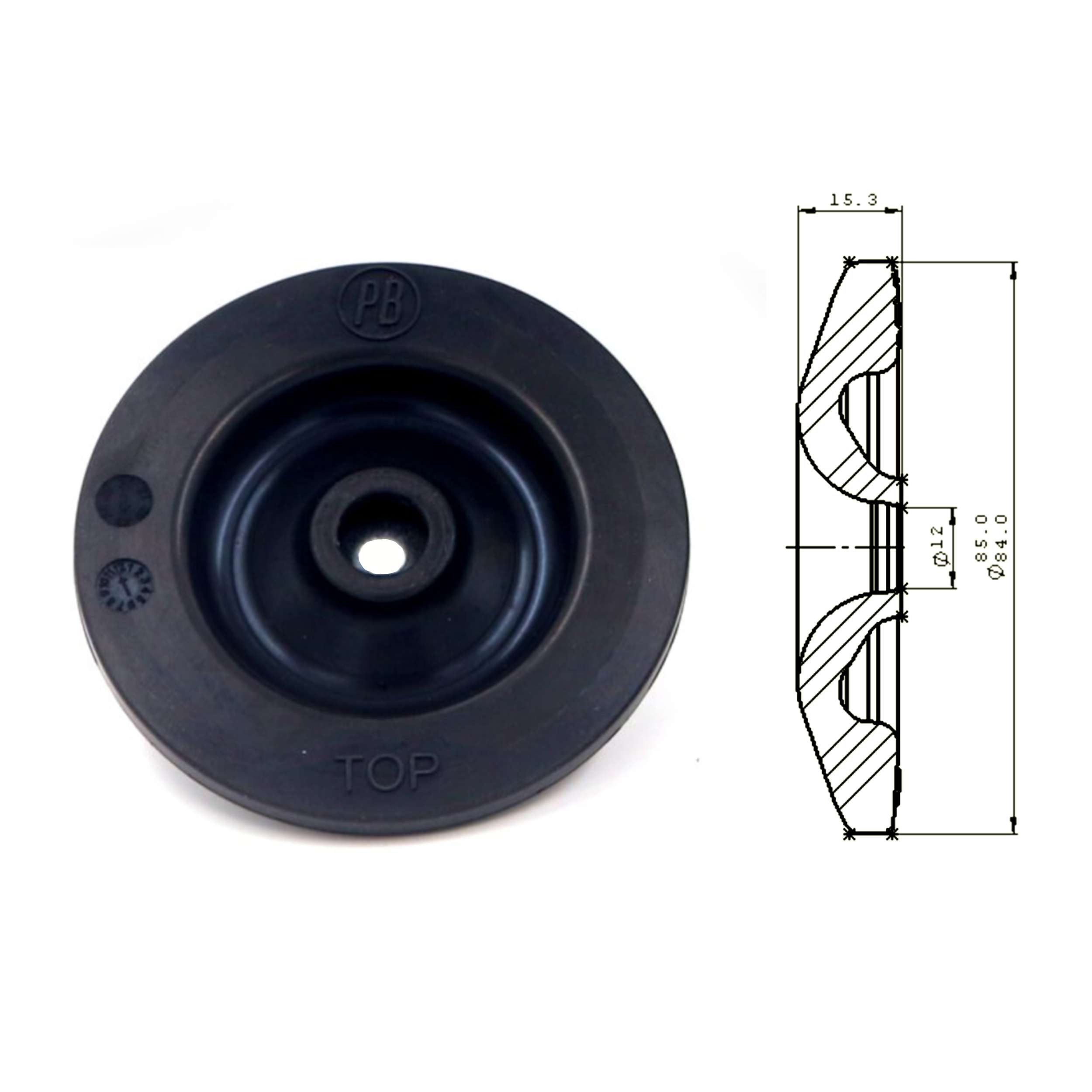 Main inlet and outlet elastomers for BBA MP50 50 m³/hr diaphragm vacuum pump, shown next to cross-section DWG with general dimensions on white background