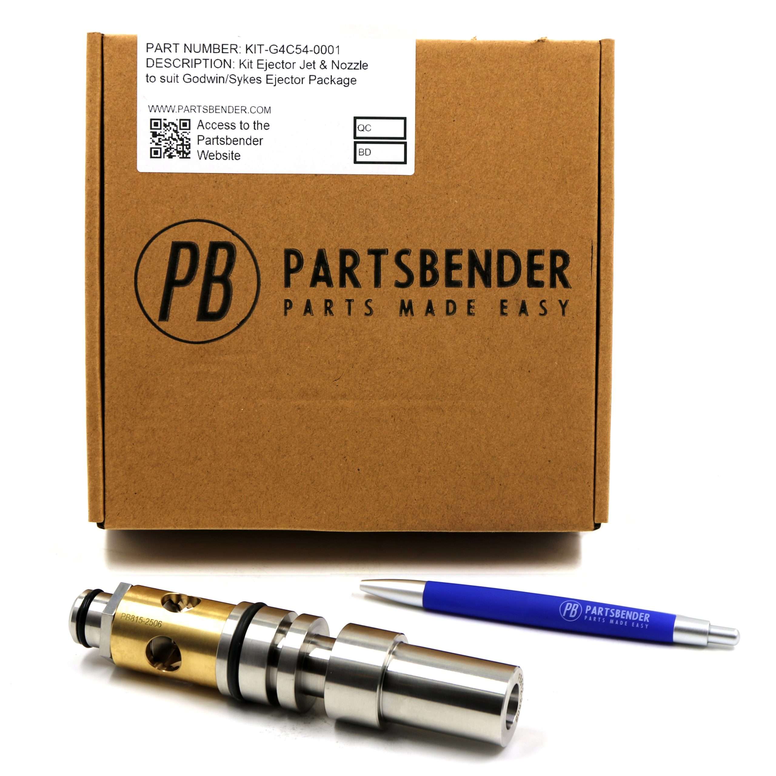 Godwin and Sykes ejector jet and nozzle kit, part number KIT-G4C54-0001, all components displayed outside packaging with PartsBender pen for scale on white background