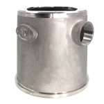 Side isometric view of outer casing for 8kW submersible pumps (G8C58-0001-8KW-SS2), showing outlet hole and large AP+ logo.