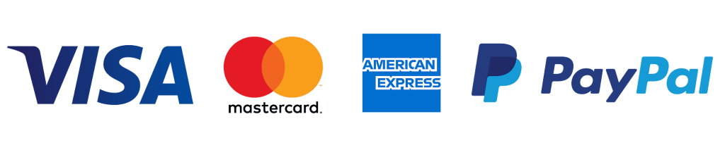 Payment method icons including Visa, Mastercard, American Express, PayPal, and Apple Pay, on white background