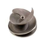 Isometric view looking down at 45-degree angle of impeller for SPP Q150M trailer pumps, part number G9C28-0001-CD1, CD4MCu duplex stainless steel on white background