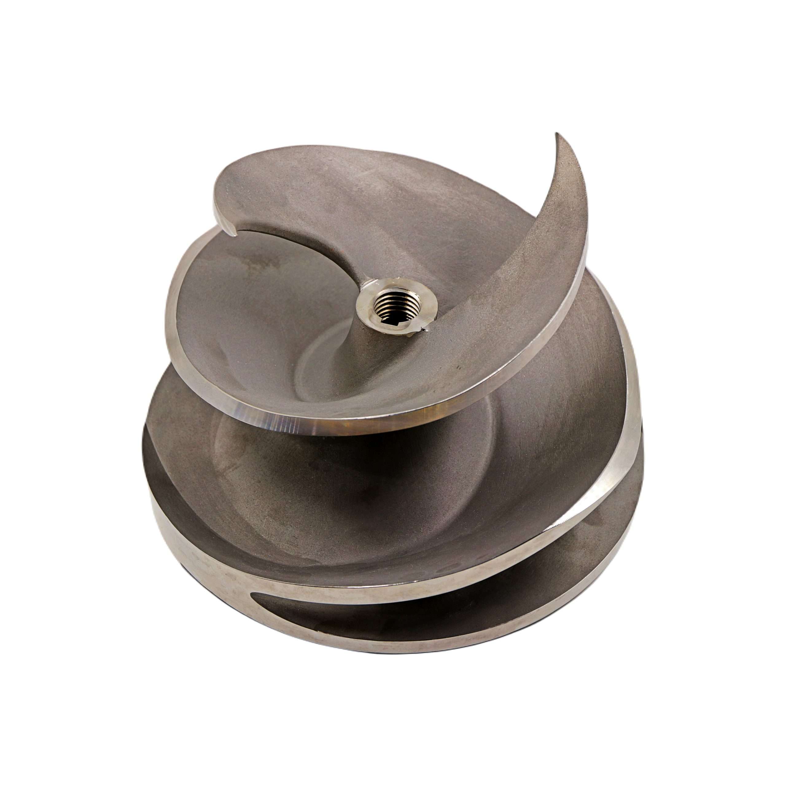 Impeller_CD4MCu Duplex SS to suit SPP Q150M_1 Isometric view looking down at 45-degree angle of impeller for SPP Q150M trailer pumps, part number G9C28-0001-CD1, CD4MCu duplex stainless steel on white background