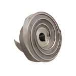 Slight isometric underside view of impeller for SPP Q150M trailer pumps, part number G9C28-0001-CD1, showing spirally designed vane to protect mechanical seal, CD4MCu duplex stainless steel on white background