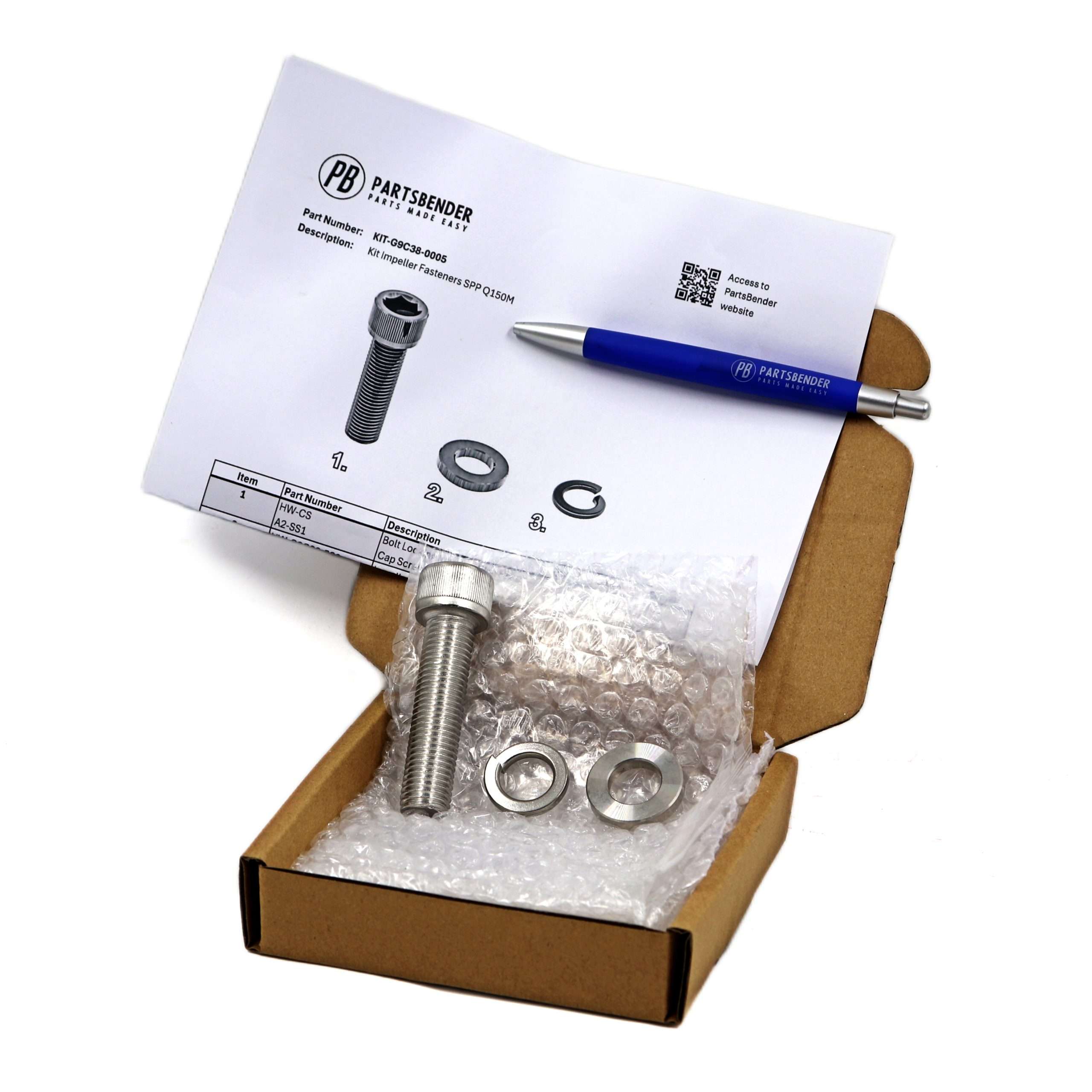 KIT-G9C38-0005-IMPELLER-FASTERNERS-SPP-Q150M-ALL-PARTS-IN-BOX-2 All components of KIT-G9C38-0005 impeller fasteners kit for SPP Q150M pumps displayed in the kit